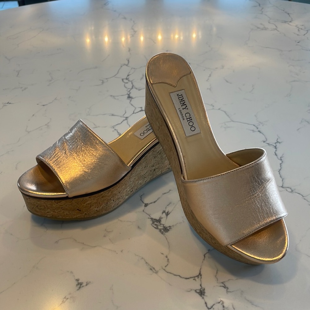 Rose gold Jimmy Choo platform wedge slide.